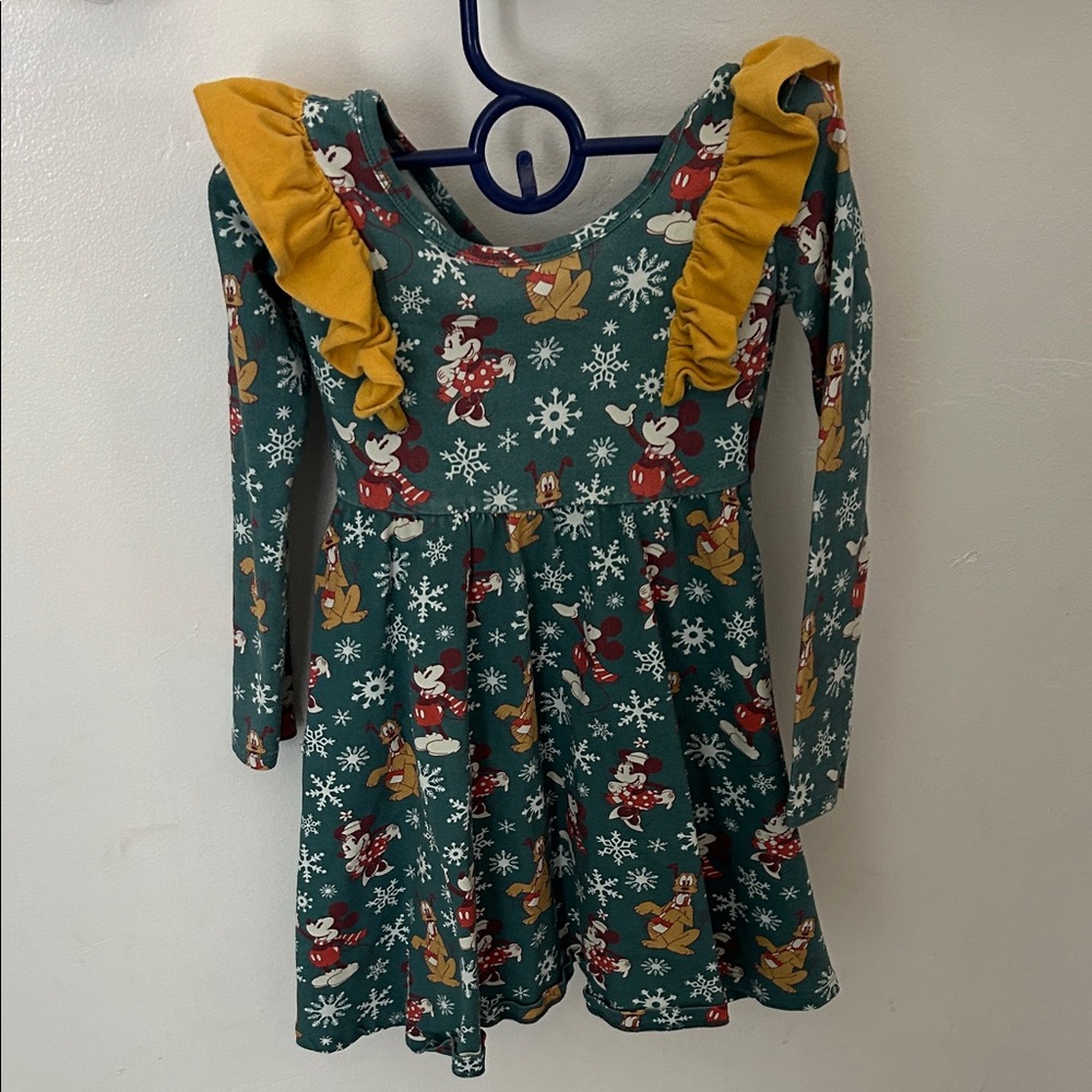 Rags to Raches Teal Mickey Mouse Holiday Dress with Mustard Ruffle